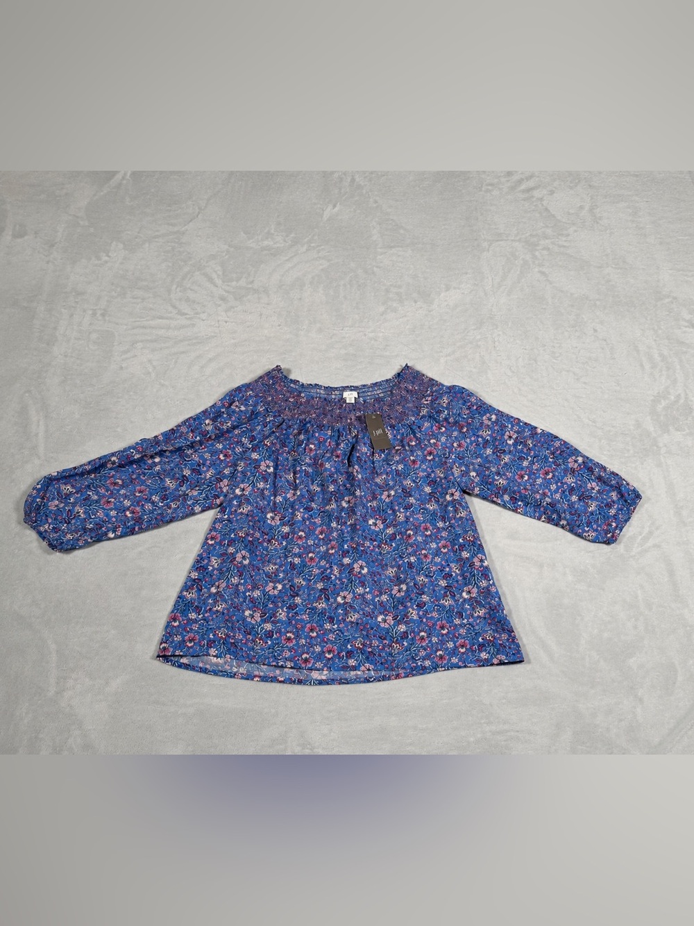 J Jill Petite Medium Floral Peasant Blouse Blue Pink Smocked Boho Top NWT